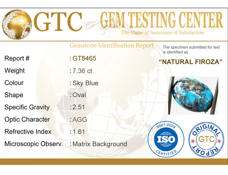 7.36 Ct Natural Irani Firoza (Iranian Turquoise) – Certified Original Gemstone | Gemshub
